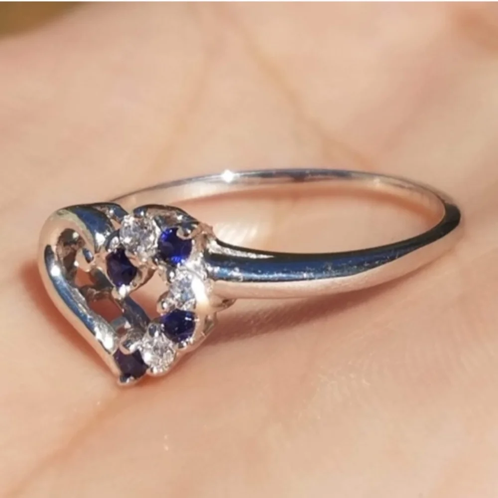 10k Solid White Gold Genuine Blue Sapphire & Simulated Diamond Heart Ring